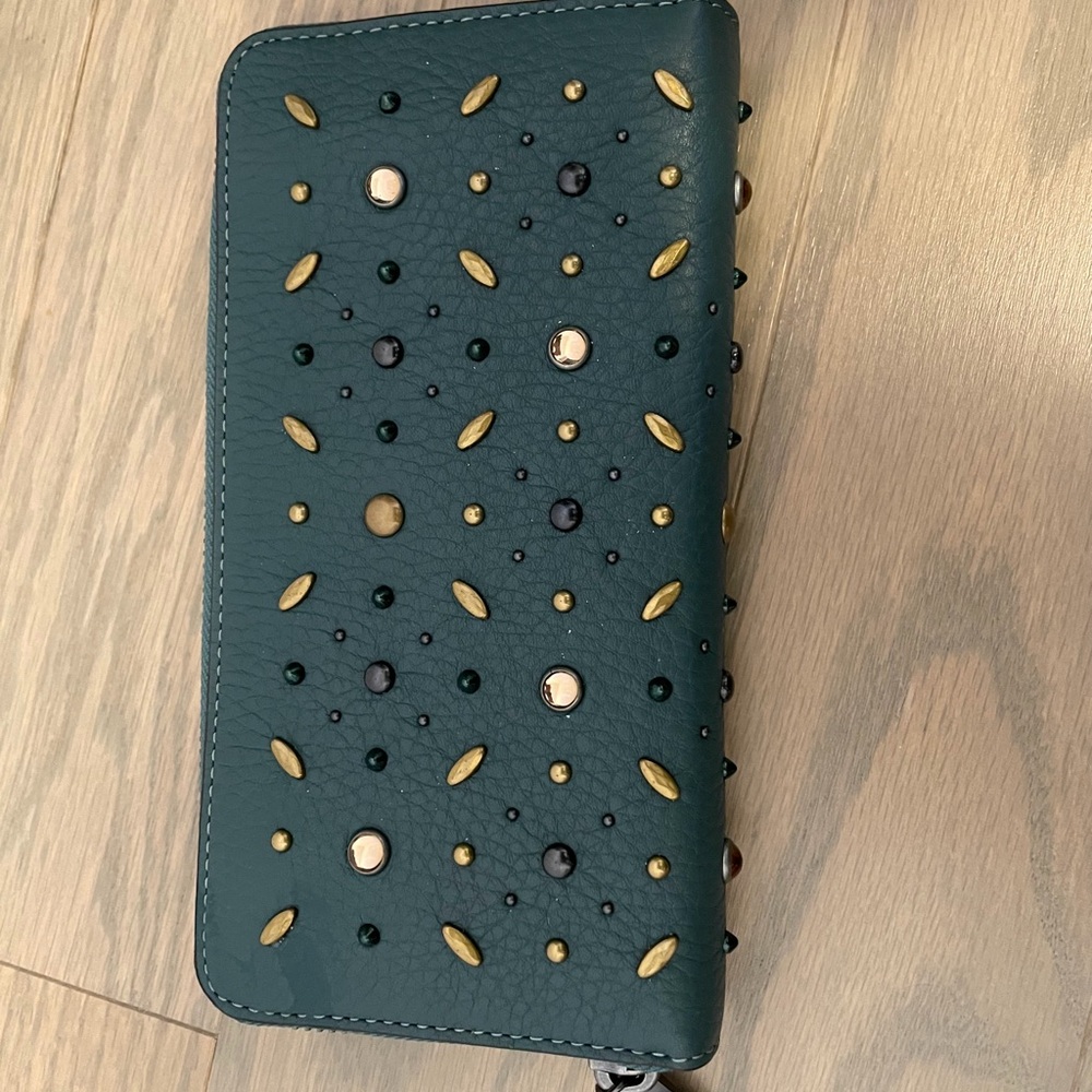 Coach Teal Leather Wallet with Gold and Black Studs